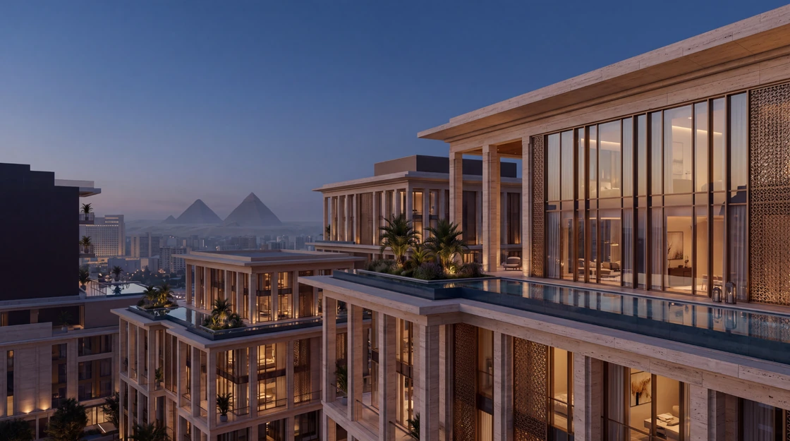 Concept architectural district with travertine colonnades and distant imagined Egyptian pyramids in blue-hour light; not a real listing